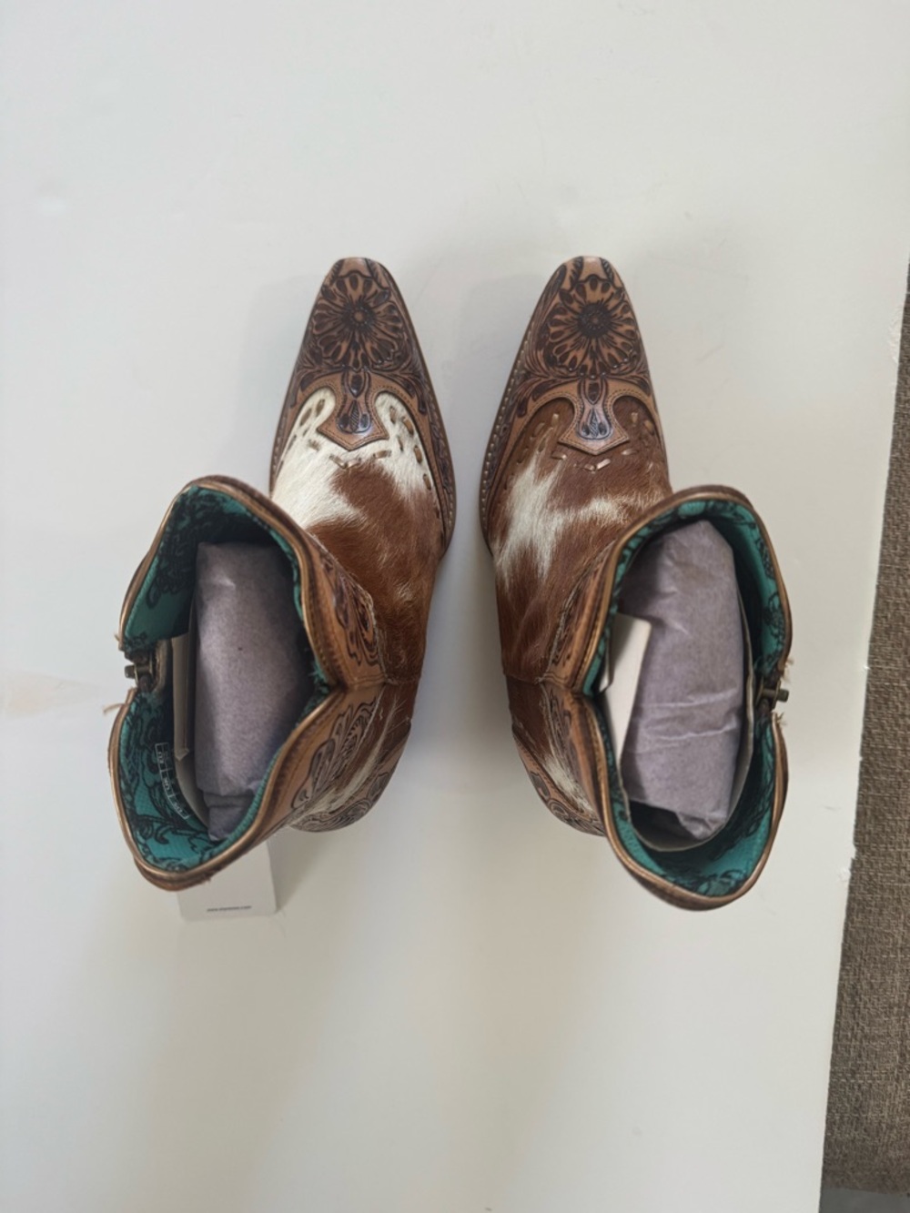 Myra Bag Brown & White Cowhide Tooled Leather Ankle Boots 8 - Picture 6 of 11